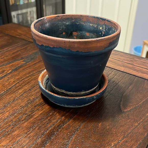 Unique Flower Pot Planets Stars Space Clay Planter Teal White Hand-Painted - Picture 2 of 3